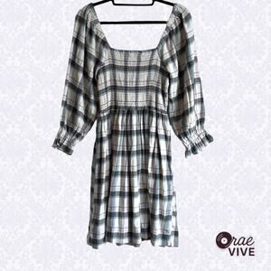 Madewell Lucie Elbow-Sleeve Smocked Mini Dress in Lebaum Plaid Size Medium